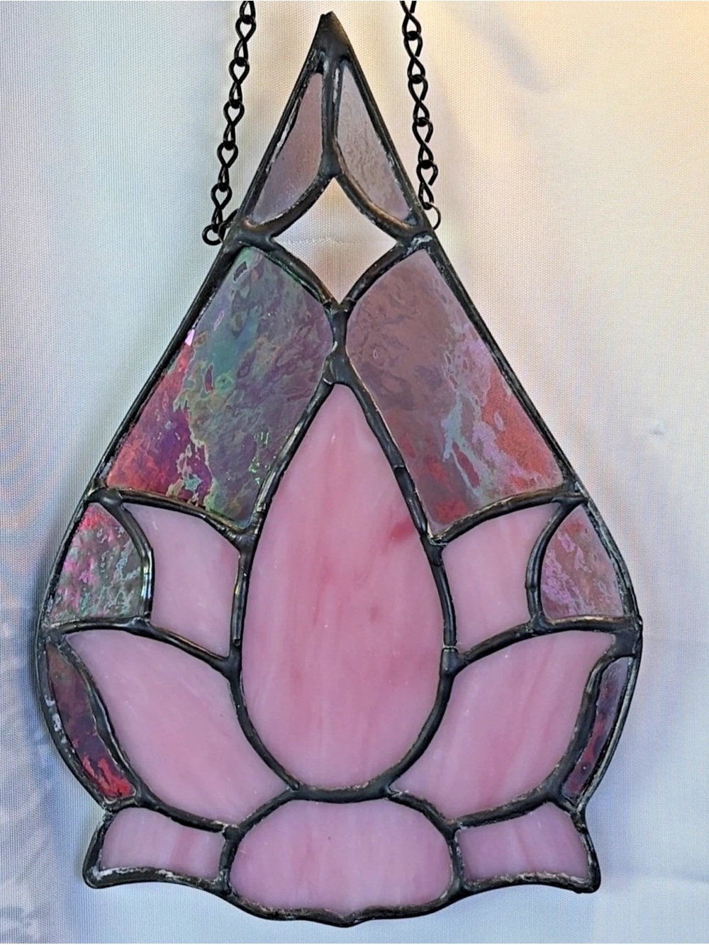 Teardrop Shaped Pink Lotus Stained Glass Sun Catcher Window Hanging 9" x 6"